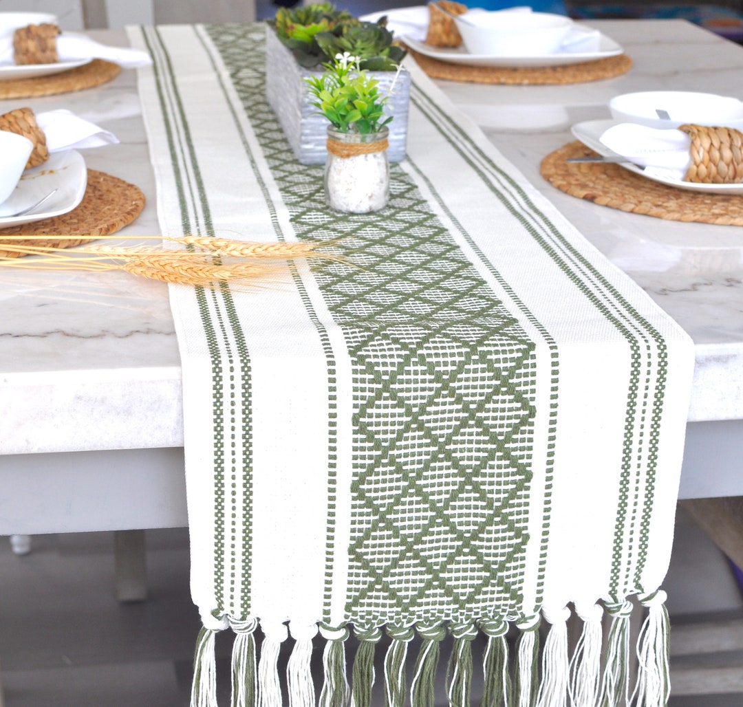 Table Runner, Olive Green / Off White Woven Washable Farmhouse/Boho Dresser Scarf Console/Coffee