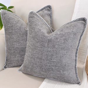 Textured Chenille Throw Pillow Covers Set of 2 Heather Grey With Decorative Blanket Stitch at Edges Pillow Cases Soft Gray Cushion Covers