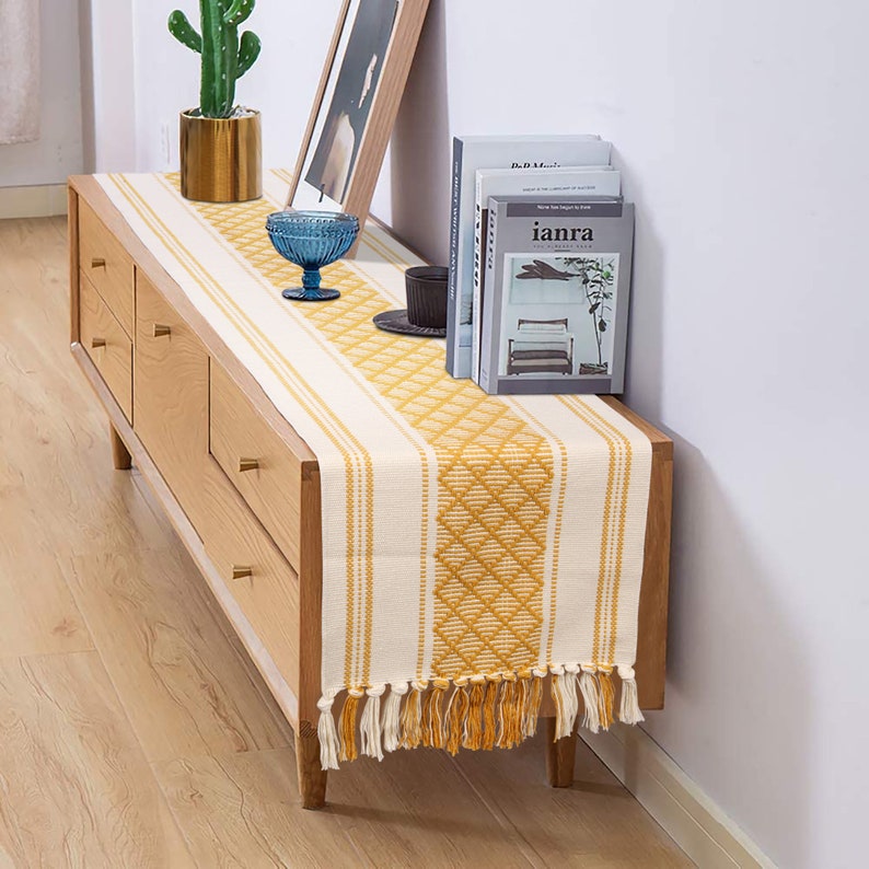 Cotton Woven Table Runner With Tassels Mustard Yellow & Cream Etsy