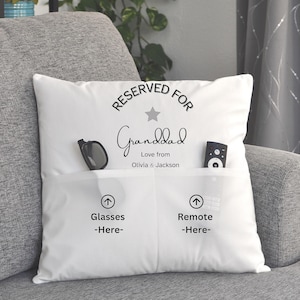 Personalized Granddad Pillow with Pockets Reserved for Grandpa Custom Gift for Papa or Dad with Glasses & Remote Holders Dad’s Spot Cushion