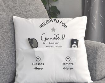 Personalized Granddad Pillow with Pockets Reserved for Grandpa Custom Gift for Papa or Dad with Glasses & Remote Holders Dad’s Spot Cushion