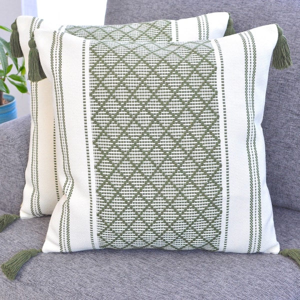 Boho Throw Pillow Cover with Tassels, Olive Green & Off White | Decorative PillowCase | Cotton Woven Cushion Cover for Living Room Sofa