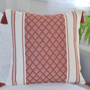 Woven Pillow Covers with Tassels Cotton Cushion Covers Decorative Designer PillowCase Modern Boho Home Decor Trendy Checkered Plaid Pattern Rust Brown