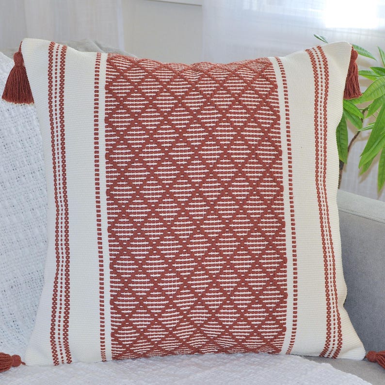 Woven Pillow Covers with Tassels Cotton Cushion Covers Decorative Designer PillowCase Modern Boho Home Decor Trendy Checkered Plaid Pattern Rust Brown