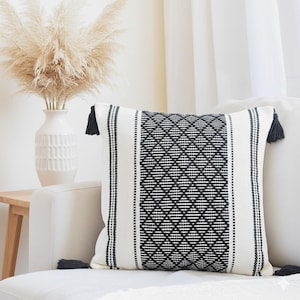 Woven Pillow Covers with Tassels Cotton Cushion Covers Decorative Designer PillowCase Modern Boho Home Decor Trendy Checkered Plaid Pattern image 1