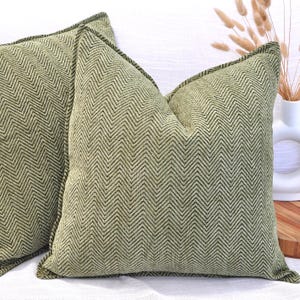 May include: Two green and black chevron patterned throw pillows. The pillows are made of a soft, textured fabric.