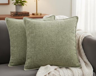 Chenille Throw Pillow Covers Sage Olive Green Textured with Stitched Edge Cushion Cover Velvet Soft  Decorative PillowCases Sage Green.