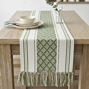 Dining Table Runner Olive Green & Cream White Cotton Woven Coffee Table Runner Washable Farmhouse Boho Dresser Scarf Console Table Cover image 2