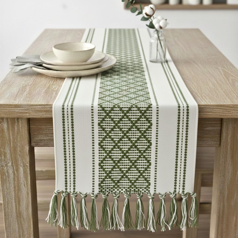 Dining Table Runner Olive Green & Cream White Cotton Woven Coffee Table Runner Washable Farmhouse Boho Dresser Scarf Console Table Cover image 2