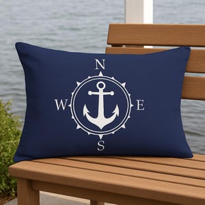Nautical Anchor Compass Throw Pillow –Coastal Lumbar Cushion Beach House Décor Rustic Lake Cabin  Nautical Gift Idea Boat Pillow Cover