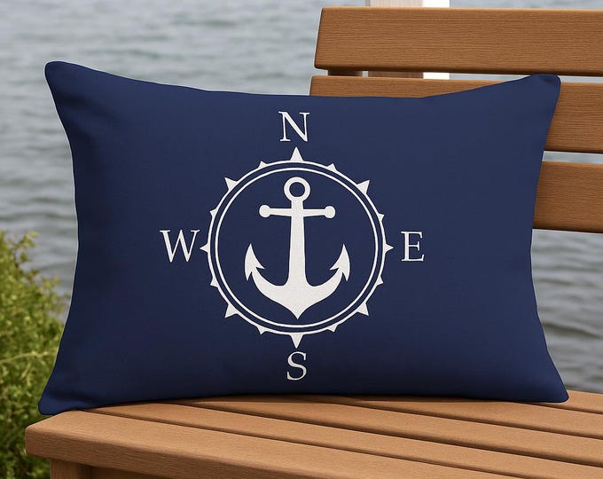 Nautical Anchor Compass Throw Pillow –Coastal Lumbar Cushion Beach House Décor Rustic Lake Cabin  Nautical Gift Idea Boat Pillow Cover