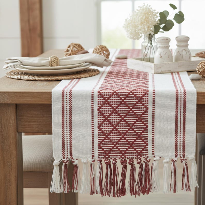 Dining Table Runner Olive Green & Cream White Cotton Woven Coffee Table Runner Washable Farmhouse Boho Dresser Scarf Console Table Cover Rust Brown