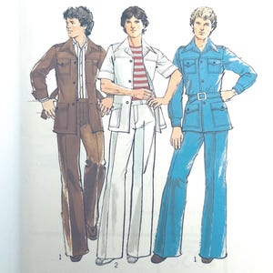 May include: A sewing pattern illustration featuring three outfits: a brown jacket and trousers with a striped shirt, a white short-sleeved jacket and trousers with a red and white striped shirt, and a blue long-sleeved jacket and trousers set.