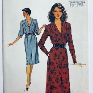 Pode incluir: Ilustração de duas mulheres em vestidos. Um é azul claro com botões e cinto. O outro é vermelho com estampa floral preta, mangas compridas e cinto preto. O texto "TWO-SIZE PATTERN" está no topo.