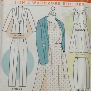 May include: A sewing pattern for a 5-in-1 wardrobe builder. The pattern includes a blazer, a dress, a skirt, and pants. The pattern is illustrated with line drawings of each garment.