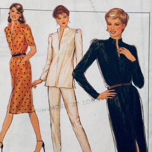 May include: Three women's fashion illustrations showing different styles of dresses. The first dress is orange with white polka dots and a short sleeve. The second dress is a white pantsuit with a long sleeve and a zipper down the front. The third dress is black with a long sleeve and a zipper down the front.