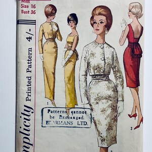 May include: Vintage Simplicity sewing pattern with illustrations of women's dresses and suits. The pattern is size 16, bust 36 inches (91 cm). The cover art shows various dress designs, including a yellow suit and a floral print dress.