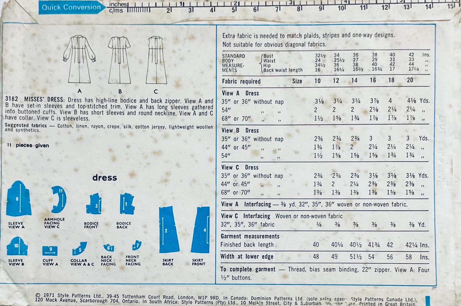 Style 3182 Vintage 1971 Sewing Pattern Misses' Dress With High Line ...