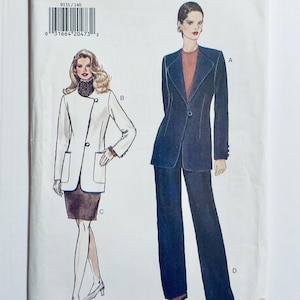 May include: A sewing pattern featuring two women's outfits. The first outfit is a white jacket with a brown skirt. The second outfit is a dark blue blazer and trousers. The pattern number is 9131/140.