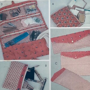 May include: A sewing pattern envelope labelled 7842 featuring illustrations of various fabric organisers. The designs include a roll-up case with multiple clear pockets, a small zippered pouch, and two envelope-style clutches in a red floral print.