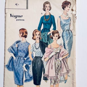 May include: Vintage Vogue dressmaking pattern with illustrations of women in elegant dresses. The dresses are in various colours and designs, including blue, black, and floral patterns. The pattern cover has the text "Vogue pattern" and a price.
