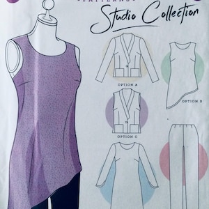 May include: A sewing pattern featuring a lilac asymmetrical top on a mannequin. The pattern also includes line drawings of a blazer, vest, long-sleeve top, and pants. The text "Studio Collection" is written in cursive at the top.