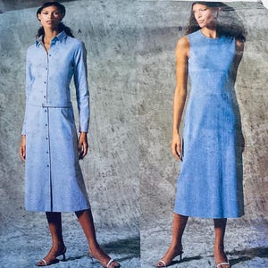May include: Two light blue dresses are shown. The dress on the left is a button-down shirt dress with a belt. The dress on the right is a sleeveless sheath dress. Both dresses are knee-length and made of a textured fabric.