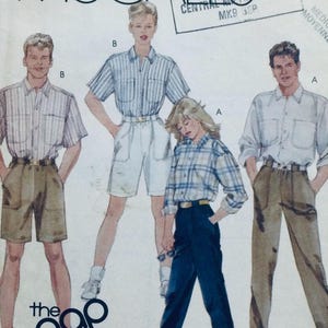 May include: A sewing pattern for three shirts and three pairs of trousers. The pattern includes instructions for making a striped shirt, a checked shirt, and a plain shirt. The pattern also includes instructions for making a pair of khaki shorts, a pair of khaki trousers, and a pair of dark blue trousers.