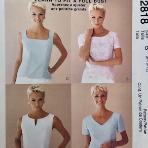 May include: A sewing pattern envelope labelled 2818, size B (8-10-12), featuring four variations of tops. The designs include a sleeveless square-neck top, a short-sleeved patterned top, a sleeveless top with a notched neckline, and a short-sleeved V-neck top.