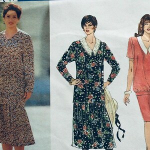 May include: Three dress patterns for women, each featuring a different floral print. The first dress is a long, loose-fitting design with a paisley print. The second dress is a long, fitted dress with a floral print and a white collar. The third dress is a short, fitted design in a solid red colour with a white collar.