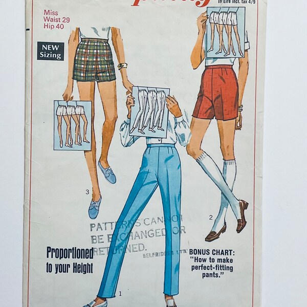 Simplicity 7688 vintage 1968 Sewing Pattern for Pants, Jamaica Shorts and Short Shorts in Proportioned sizes waist 29 hip 40 cut complete