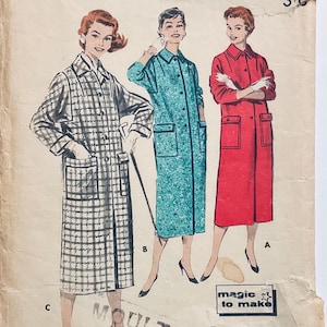 May include: Vintage sewing pattern showing three long coats in different colours and patterns. The coats are shown in a plaid, teal, and red. The pattern includes the text "magic to make".