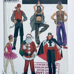 May include: A vintage sewing pattern featuring illustrations of various costumes. The costumes include a pirate, a belly dancer, a genie, a vampire, a ballerina, and Santa Claus. The pattern is printed on white paper with text and numbers.