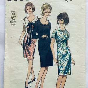 May include: A vintage sewing pattern featuring three women wearing different dresses. The pattern is for size 14, bust 34 (86cm).