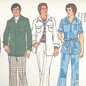May include: A vintage sewing pattern illustration featuring four outfits. The text reads: CONTAINS TWO SIZES Size 42 CHEST 107 cm Size 44 CHEST 112 cm Men. The outfits include plaid trousers, a green button-down shirt, a white jacket, and a blue patchwork jumpsuit.