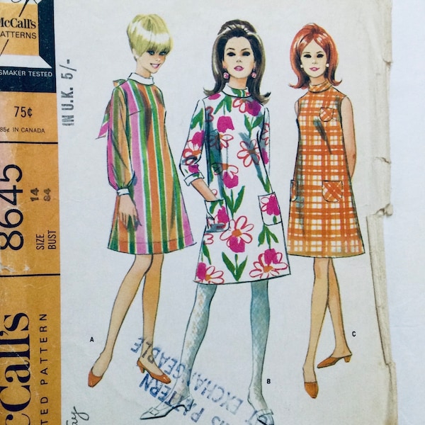 McCall's 8645 Vintage 1966 Sewing Pattern Misses dress with bias rolled collar 34 bust cut complete