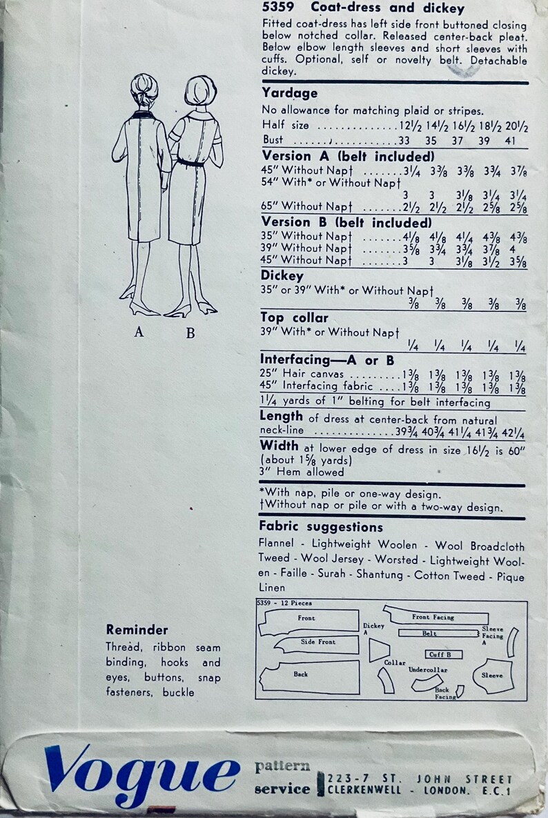 Dicky Inches Vogue 5359 Vintage 1960 Sewing Pattern Coat-dress and Dickey to Fit 37 ...