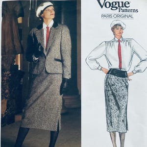 May include: An image of a woman in a tweed skirt suit and beret. The suit is a mix of grey and brown. The image also shows a Vogue Patterns illustration of a woman in a white blouse, skirt, and tie. The text "Vogue Patterns PARIS ORIGINAL" is visible.