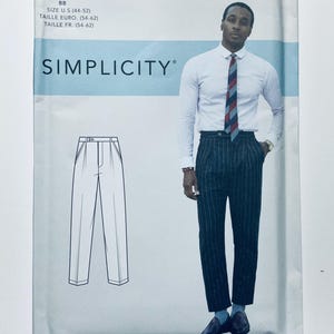 May include: A Simplicity sewing pattern envelope featuring a line drawing of trousers and a photograph of a model wearing a white button-down shirt, a red, blue, and grey striped tie, and dark pinstriped trousers with a high waist and pleats.