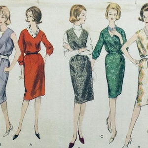 May include: A vintage sewing pattern for four different sleeveless dresses. The dresses are in various colors and patterns, including red, green, blue, and floral. The pattern is from Vogue Young Fashionables and is labeled "Easy to Make".