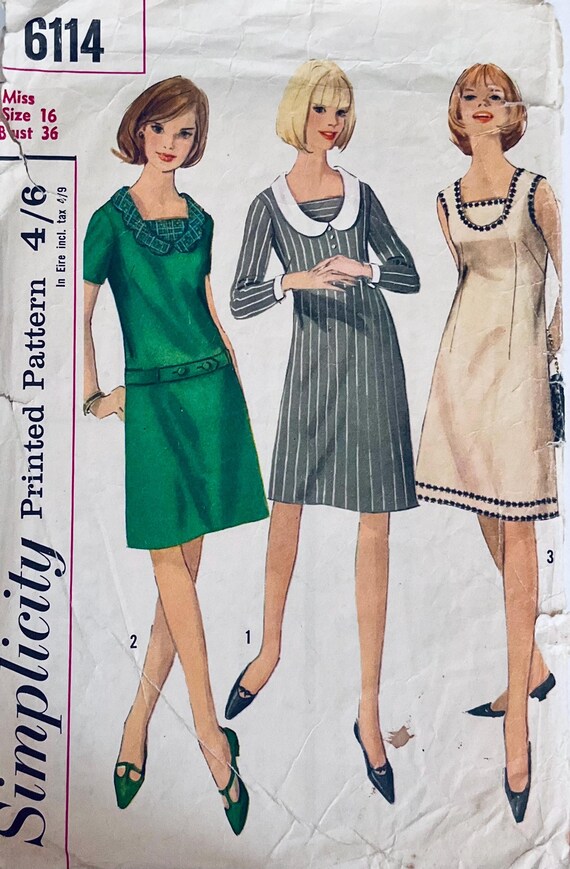 Simplicity 6114 Vintage 1965 Sewing Pattern Misses' Dress With Detachable  Collar and Cuffs Size 36 Bust Cut Complete - Etsy
