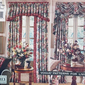 May include: A sewing pattern for curtains featuring two different styles. The first style is a ruffled valance with a floral print. The second style is a swag valance with a floral print. The pattern is from Vogue Patterns for Living and is labelled "1386".