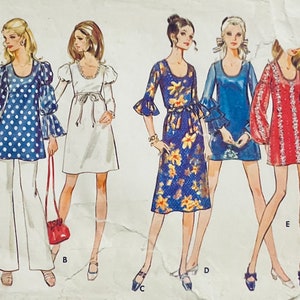 May include: Illustration of five vintage dresses and outfits. The outfits include a polka dot top with flared trousers, a white dress, a blue floral dress, a blue dress, and a red dress. The image also includes sizing information.
