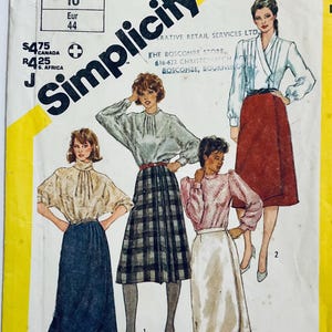 May include: A sewing pattern for four different skirts. The pattern includes a plaid skirt, a white skirt, a red skirt, and a blue skirt. The pattern is from Simplicity.