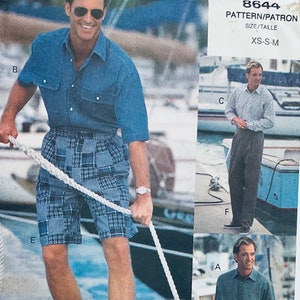 May include: A sewing pattern for men's clothing, featuring three different styles of shirts and shorts. The pattern is labeled "8644" and includes sizes XS-S-M.