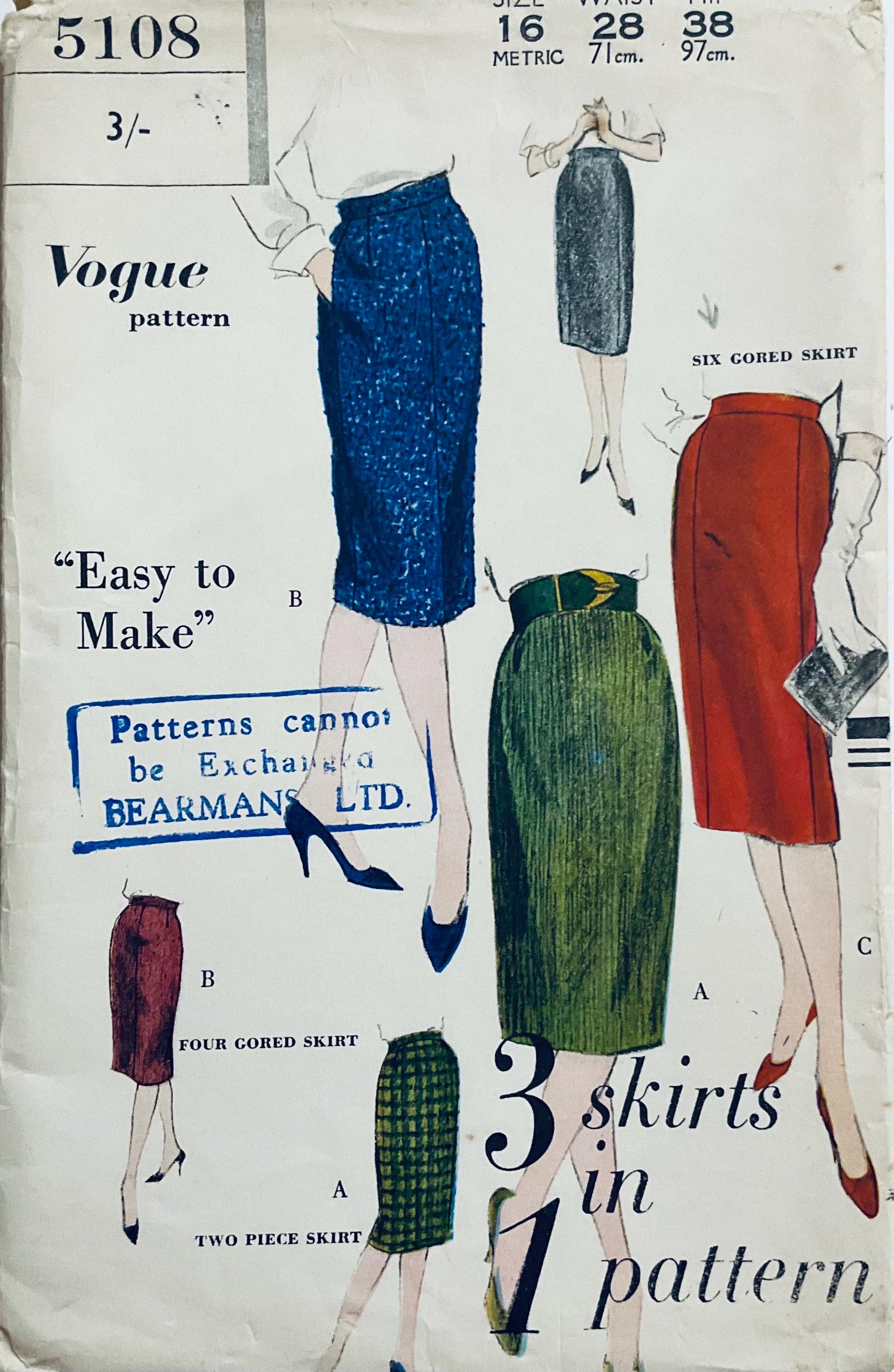 Vogue 5108 Vintage 1964 Sewing Pattern for Easy to Make Skirts in