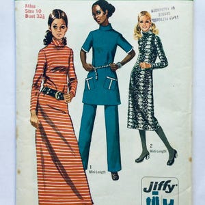 May include: A vintage sewing pattern featuring three women's dress designs. The first dress is a red and white striped mini dress with a turtleneck. The second dress is a teal blue mini dress with a turtleneck and a matching pantsuit. The third dress is a black and white patterned midi dress with a turtleneck. The pattern is for size 10 and bust 32 1/2 inches.