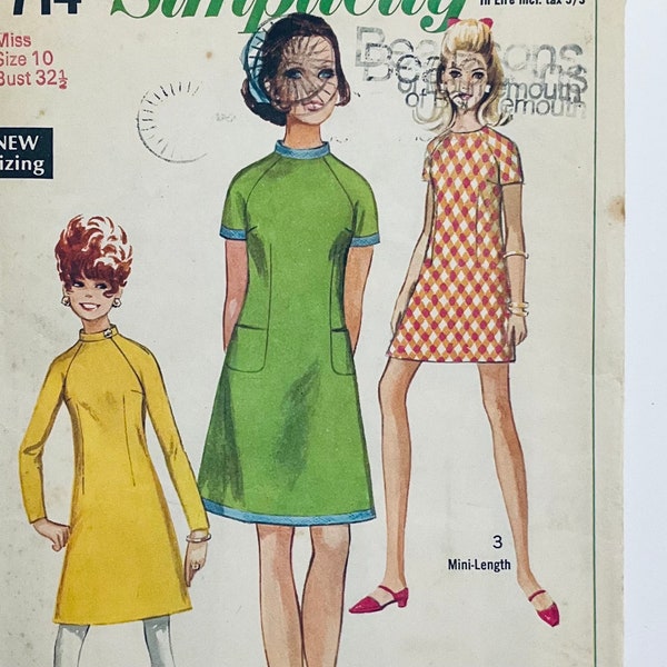 Einfachheit 7714 Vintage 1968 Schnittmuster Misses' Jiffy einfach zu nähen Kleid in Grösse 10 32.5 inch fabrik gefaltet