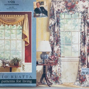 May include: A sewing pattern for window treatments, featuring a floral print fabric with a ruffled edge. The pattern is by Mario Buatta and is called "Vogue Patterns for Living".