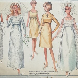 May include: A vintage Simplicity sewing pattern for a wedding dress. The pattern is for sizes 16 and 36 bust. The pattern shows four different styles of wedding dresses, including a long-sleeved dress with a train, a short-sleeved dress with a jacket, and a long-sleeved dress with a train.